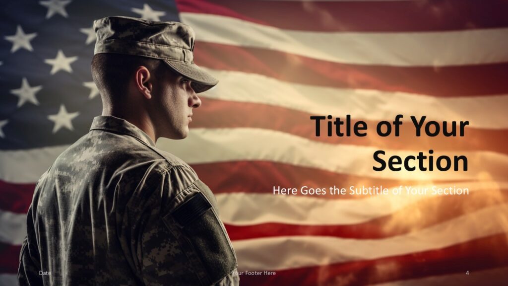 Section divider for PowerPoint and Google Slides featuring a forward-facing soldier and a bold right-aligned title and subtitle.