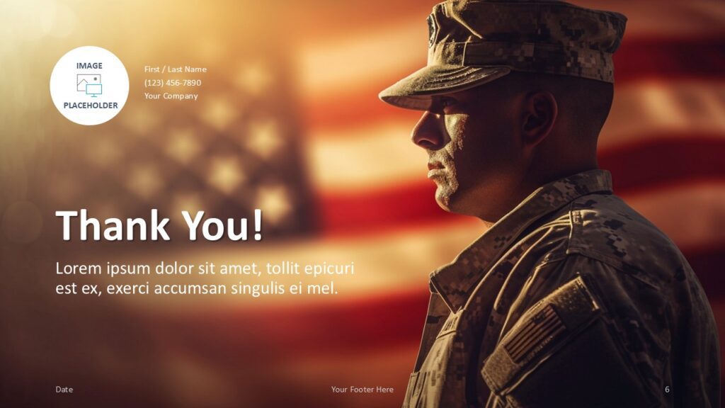 Closing slide featuring a soldier and U.S. flag, editable contact fields, and a large "Thank You" heading for ending presentations.