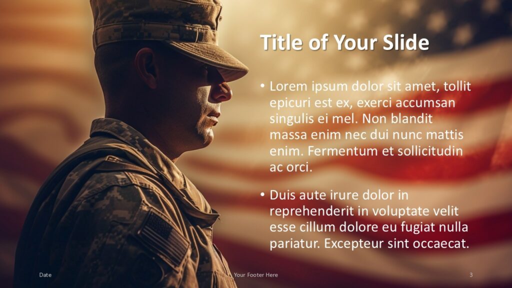 Right-aligned bullet point layout with soldier background on the left, designed to alternate content flow in longer presentations.
