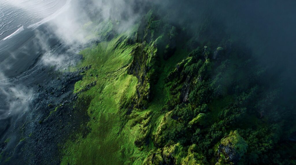 High-angle aerial view of green cliffs and forest wrapped in mist, showing the transition from land to sea on a rugged coastline.
