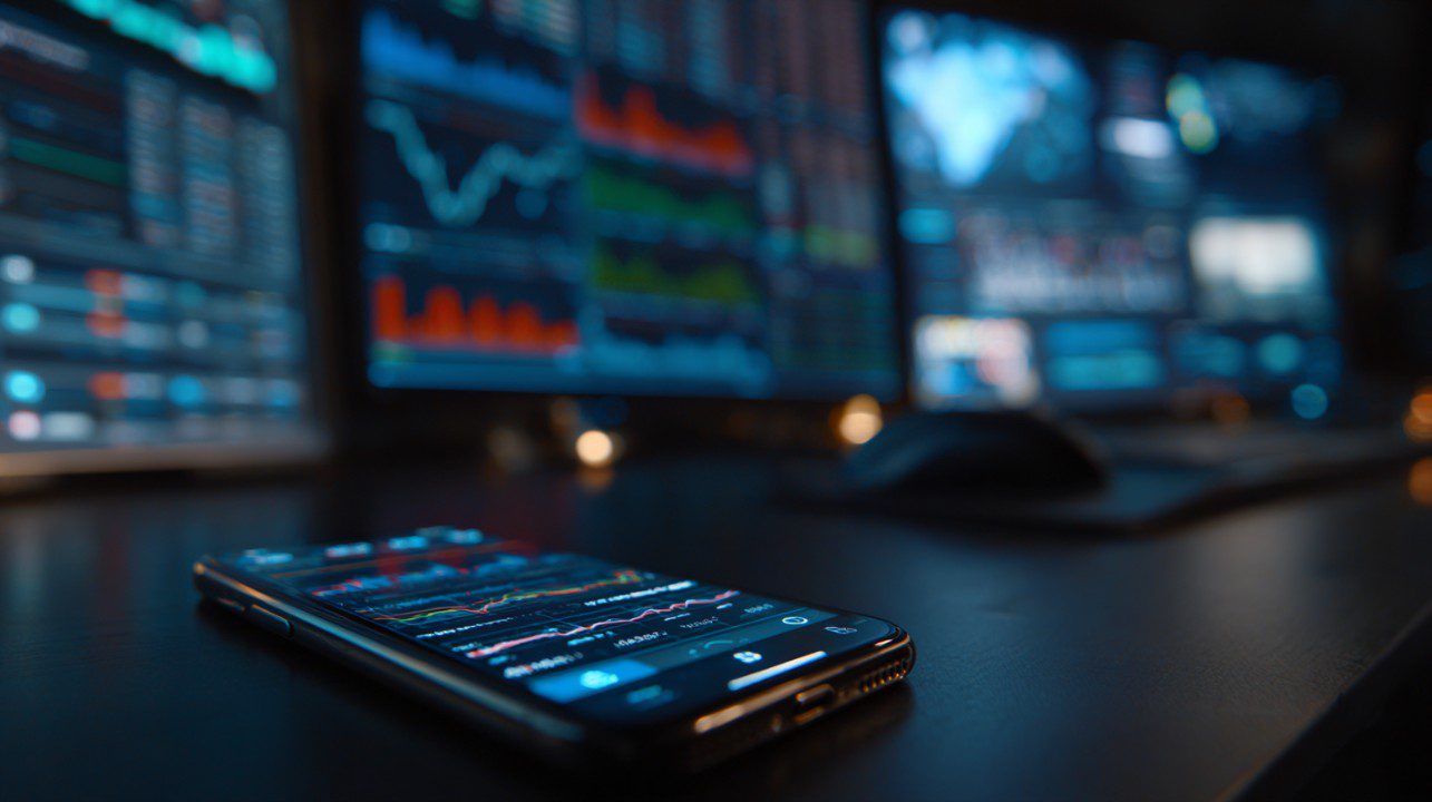 Close-up of a mobile phone showing trading charts with blurred financial monitors in the background in a dark office setting.