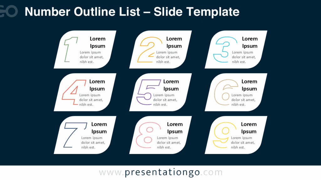 Number Outline List – Dark Background for PowerPoint & Google Slides Free Number Outline List PowerPoint template and Google Slides presentation diagram with nine outlined digits displayed on a dark background.