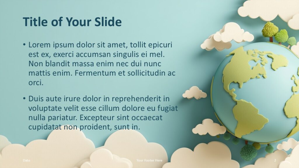 Paper Globe Title and Content Slide Option 1 for PowerPoint & Google Slides Right-aligned globe with text area on the left; designed for clean content presentation in PowerPoint and Google Slides.