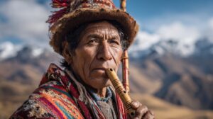 A Peruvian man in colorful traditional clothing plays a wooden flute in front of the Andes mountains, symbolizing culture and heritage.