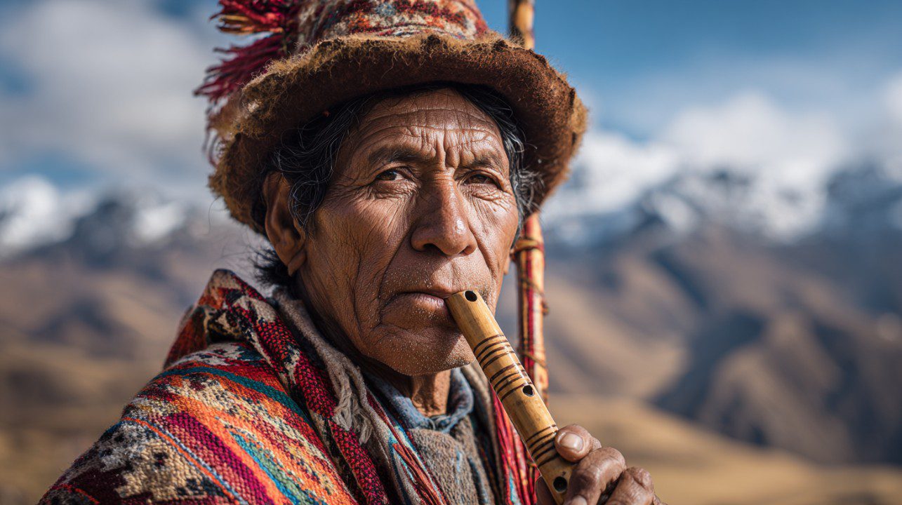 A Peruvian man in colorful traditional clothing plays a wooden flute in front of the Andes mountains, symbolizing culture and heritage.
