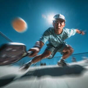 Dramatic action photo of a male pickleball player lunging with paddle in hand under a clear blue sky, captured with motion blur and fish-eye effect.