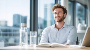 Smiling young man sitting at a modern office desk with water, notebook, and laptop—symbolizing productivity, wellness, and professionalism.