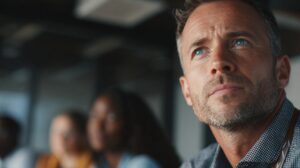 Close-up of a professional man watching a presentation with a focused expression, blurred team in the background.