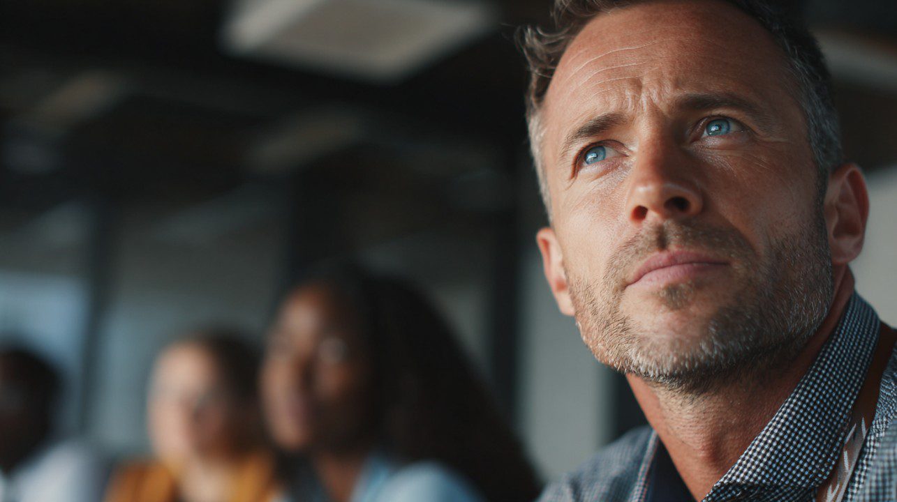 Close-up of a professional man watching a presentation with a focused expression, blurred team in the background.
