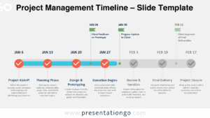 Free Project Management Timeline PowerPoint template on a light background with seven colored steps and three green milestone flags for Google Slides.