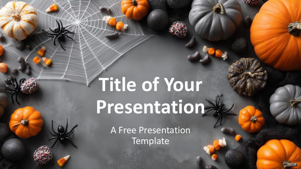 Pumpkin & Web Cover Slide for PowerPoint & Google Slides Halloween-style title slide for PowerPoint and Google Slides with pumpkins, candy, spiders, and centered white text on a dark background.