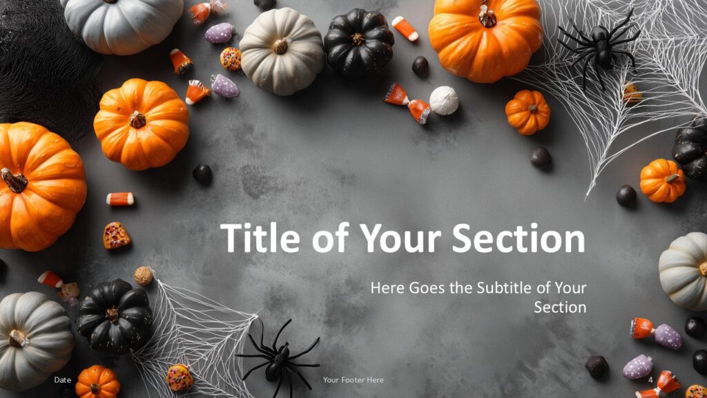 Pumpkin & Web Section Slide Option 1 for PowerPoint & Google Slides Section divider slide with space for titles and cobweb-themed frame, ideal for splitting presentation topics in PowerPoint and Google Slides.