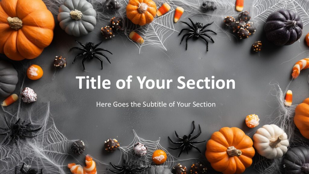 Pumpkin & Web Section Slide Option 2 for PowerPoint & Google Slides Candy-focused section divider with spider visuals and tighter cobwebs, designed for topic transitions in PowerPoint and Google Slides.
