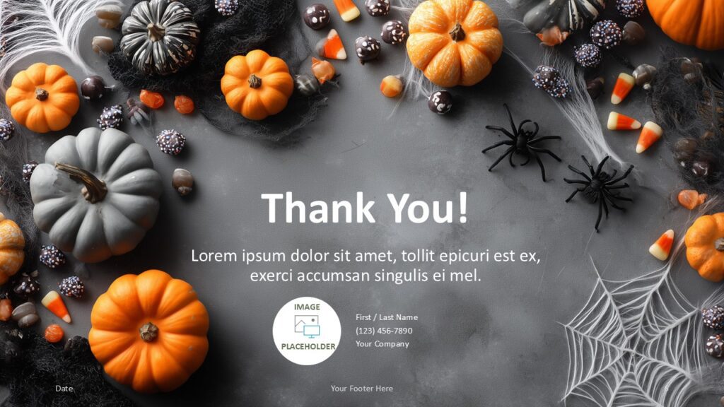 Pumpkin & Web Thank You Slide Template for PowerPoint & Google Slides Final slide with central thank-you message, image placeholder, and Halloween-themed design for PowerPoint and Google Slides presentations.