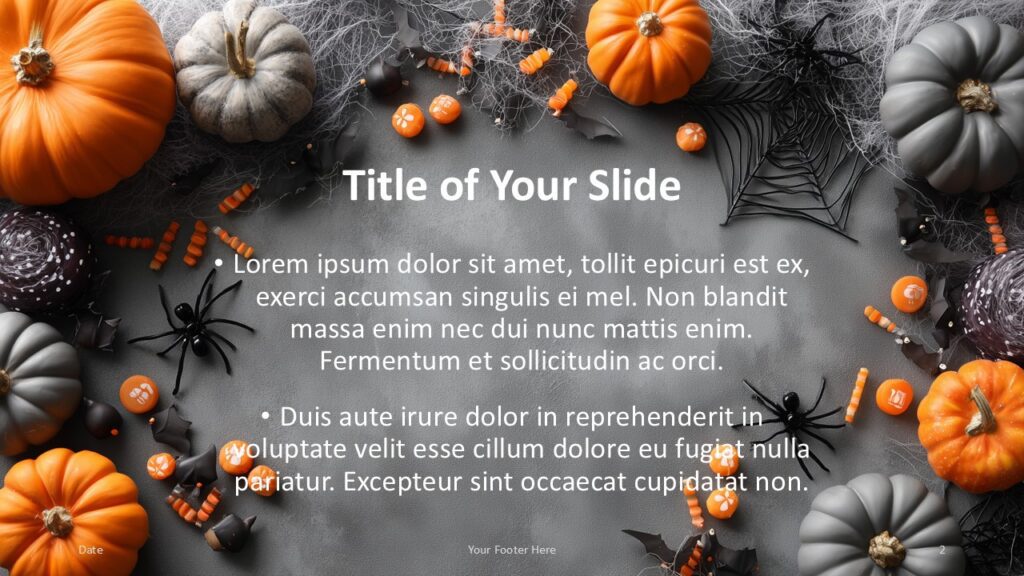 Pumpkin & Web Title and Content Slide Option 1 for PowerPoint & Google Slides Content slide featuring Halloween visuals with pumpkins and spiders, white bullet text layout, and cobweb accents for PowerPoint and Google Slides.