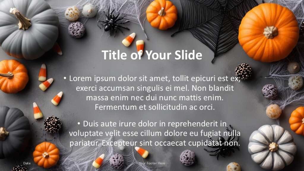 Pumpkin & Web Title and Content Slide Option 2 for PowerPoint & Google Slides Second content layout with varied candy and spider placement, ideal for structured text presentations in PowerPoint and Google Slides.
