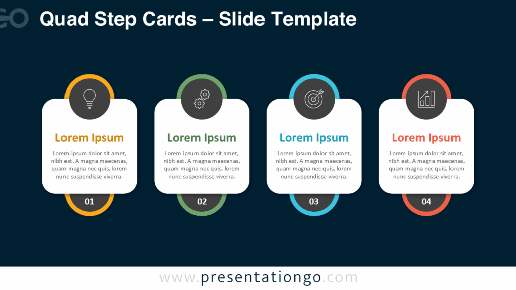 Quad Step Cards – Dark Background for PowerPoint & Google Slides Free Quad Step Cards PowerPoint and Google Slides template with dark background, including four step cards, colorful icons, and number labels.