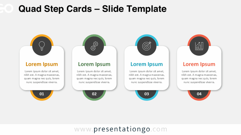 Free Quad Step Cards PowerPoint template with a light background showing four horizontally aligned cards with icons, text, and number circles.