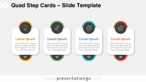 Free Quad Step Cards PowerPoint template with a light background showing four horizontally aligned cards with icons, text, and number circles.