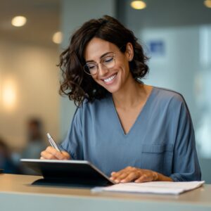 Smiling receptionist helps a client with paperwork using a digital tablet in a modern office setting.