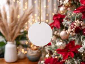 Blank round white ornament hanging on a Christmas tree with red flowers, golden decorations, and festive bokeh lights.