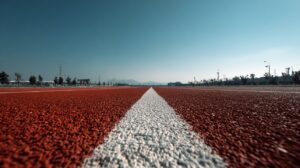 A red running track with a central white line stretching straight into the horizon, symbolizing focus and determination under a clear sky.