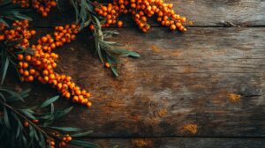 Top-down view of vibrant sea buckthorn branches with berries and green leaves on rustic wooden background.