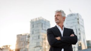 Confident mature businessman in a suit with arms crossed standing on a rooftop with modern buildings in the background, symbolizing leadership and success.