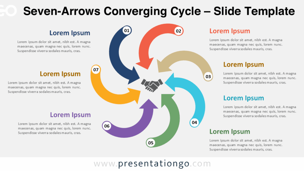 Free Seven-Arrows Converging Cycle PowerPoint template for Google Slides featuring seven inward arrows on a light background with central icon.