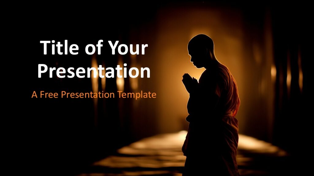 Silent Prayer Cover Slide for PowerPoint & Google Slides Cover slide of the Silent Prayer Template for PowerPoint and Google Slides with monk silhouette and left-aligned title area in warm tones.