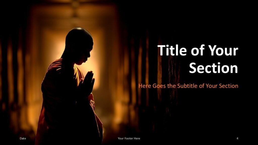Silent Prayer Section Slide Option 1 for PowerPoint & Google Slides Section divider slide with monk silhouette on left and bold section title on right for PowerPoint and Google Slides, ideal for topic breaks.