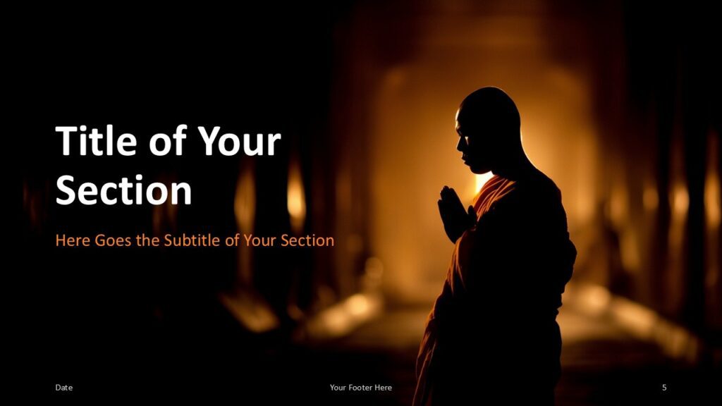 Silent Prayer Section Slide Option 2 for PowerPoint & Google Slides Section transition slide with reversed layout—text on left, monk on right—ideal for thematic changes in PowerPoint and Google Slides decks.