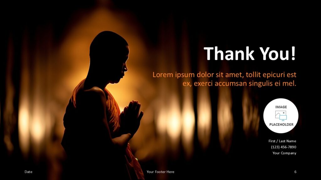 Silent Prayer Thank You Slide Template for PowerPoint & Google Slides Final slide featuring “Thank You” message, warm monk silhouette, and contact fields, suitable for closing PowerPoint and Google Slides talks.