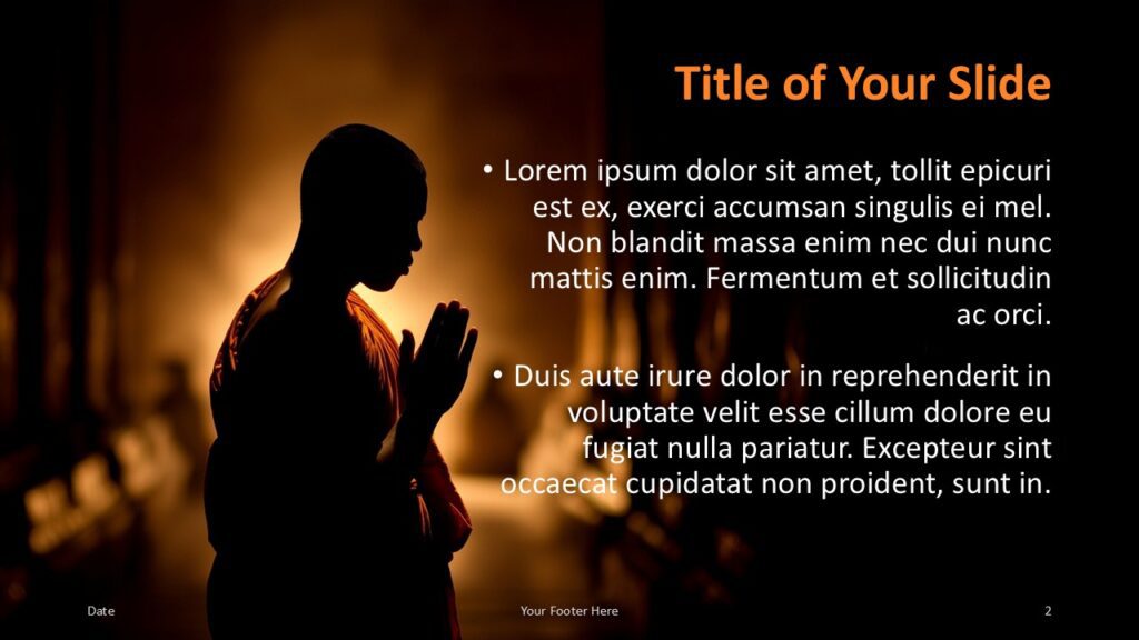 Silent Prayer Title and Content Slide Option 1 for PowerPoint & Google Slides Layout with monk background and right-aligned text block for PowerPoint and Google Slides, suitable for bullet points or key ideas.