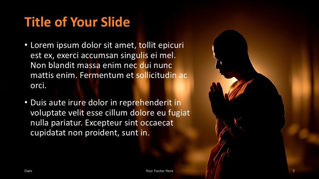 Silent Prayer Title and Content Slide Option 2 for PowerPoint & Google Slides Alternative layout with monk positioned right and text left, maintaining a spiritual theme for PowerPoint and Google Slides presentations.