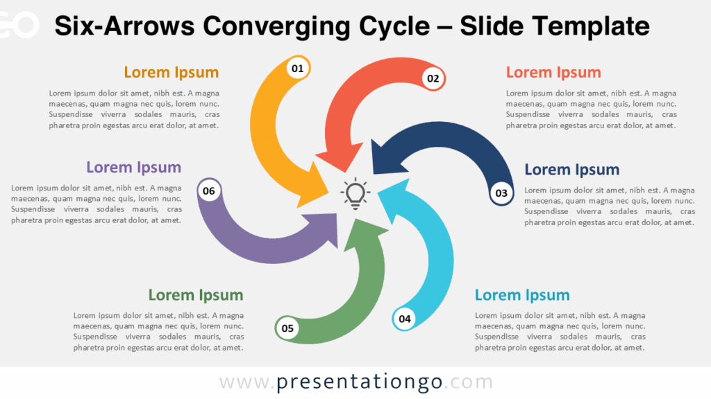 Free Six-Arrows Converging Cycle PowerPoint template and Google Slides diagram with six inward arrows, numbered labels, and text zones on a light background.