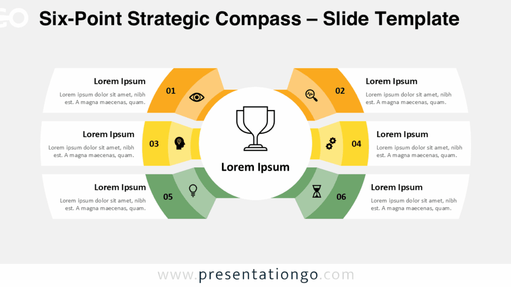 Free Six-Point Strategic Compass PowerPoint and Google Slides diagram with a light background, showcasing six radial steps surrounding a trophy icon in a clear semi-circle layout.