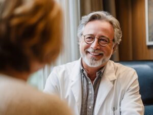 Smiling older male doctor in a white coat and glasses consulting with a patient in a warm, well-lit medical office.