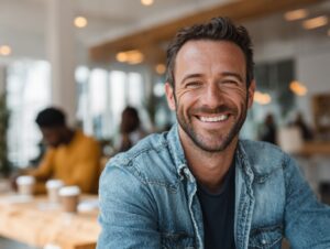 Confident man smiling in a casual indoor setting with natural light, ideal for business, lifestyle, or promotional use.
