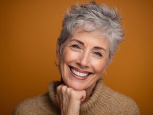 Close-up portrait of a joyful senior woman with gray hair smiling warmly, perfect for aging, wellness, or lifestyle-related visuals.