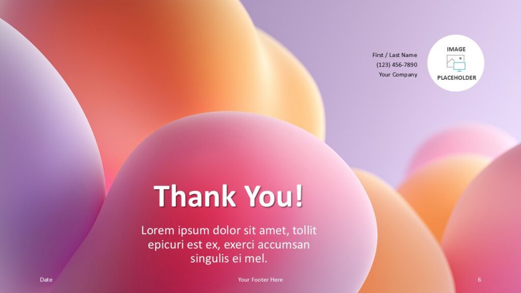Soft Dreamy Bubbles Thank You Slide Template for PowerPoint & Google Slides Final slide with soft background, thank-you message area, and right-side image placeholder for contact info or logo.