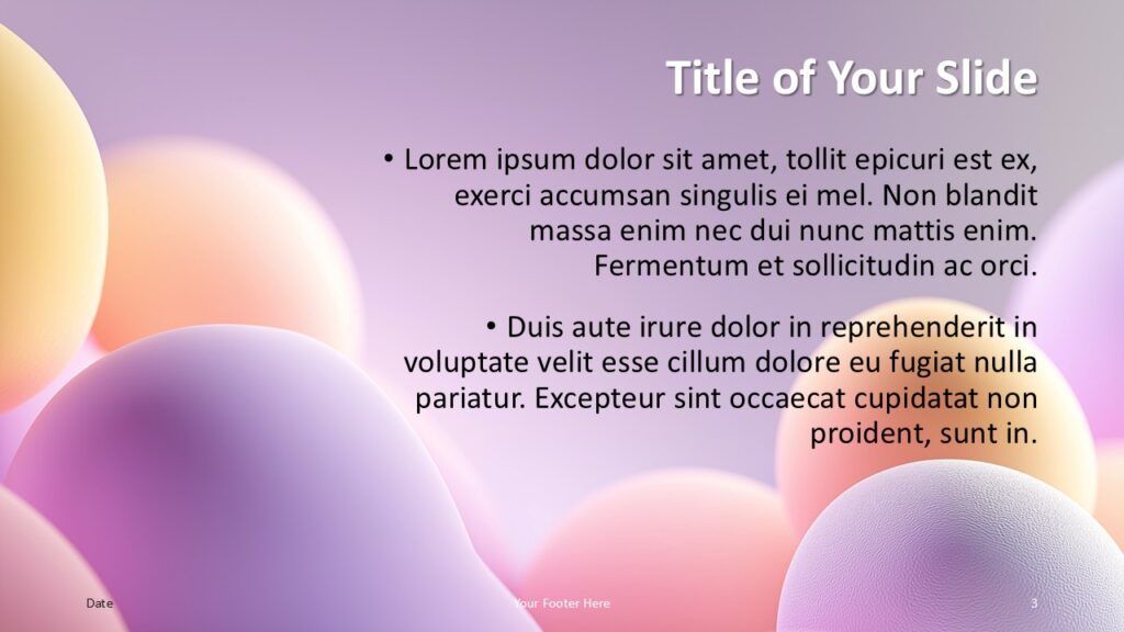 Soft Dreamy Bubbles Title and Content Slide Option 2 for PowerPoint & Google Slides Alternate content layout with bubble visuals in corners and central text area, optimized for readability in PowerPoint and Google Slides.