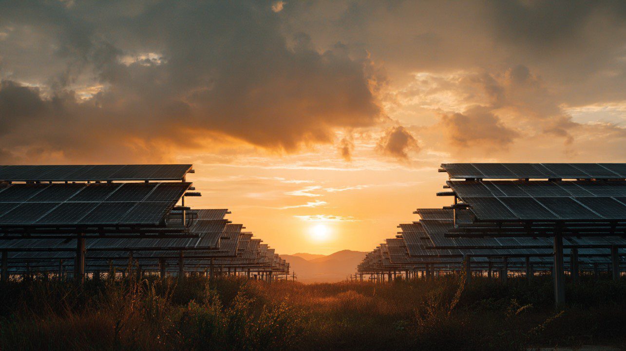 Rows of solar panels under a dramatic sunset sky, symbolizing renewable energy, sustainability, and eco-friendly innovation.