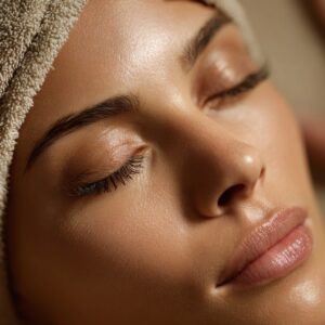 Close-up of a woman with glowing skin and closed eyes wrapped in a towel during a spa facial, expressing calm and wellness.