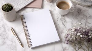 White spiral notebook with gold pen, coffee cup, and dried flowers on a marble desk in a minimalist flat lay setup.