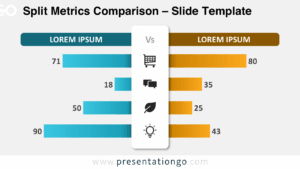 Free Split Metrics Comparison PowerPoint template on a light background displays mirrored bar charts with icons and colored text, tailored for Google Slides.