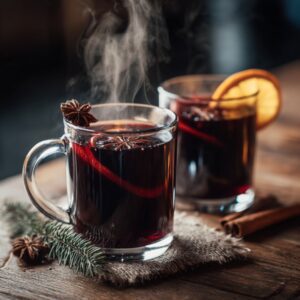 Two glass mugs of steaming mulled wine with star anise, cinnamon sticks, and orange slices on a rustic wooden table.