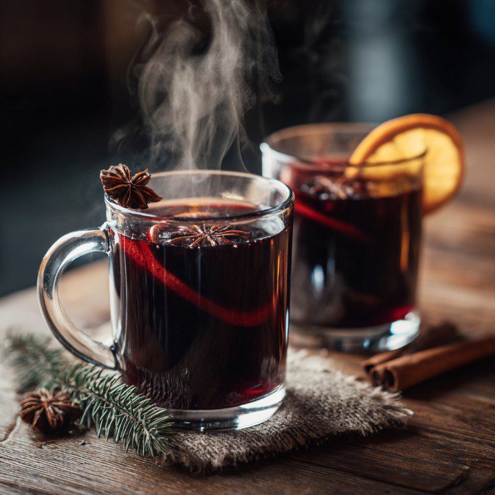 Two glass mugs of steaming mulled wine with star anise, cinnamon sticks, and orange slices on a rustic wooden table.