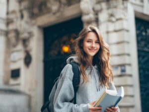 Smiling student holding books stands outside a historic university building, dressed casually with a backpack.