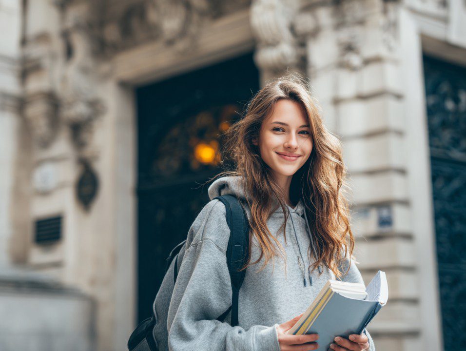 Smiling student holding books stands outside a historic university building, dressed casually with a backpack.